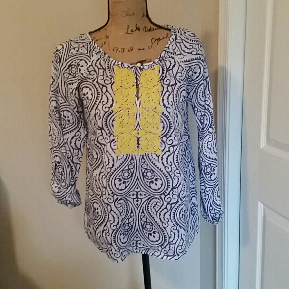 Talbots blue and white top with yellow beading.